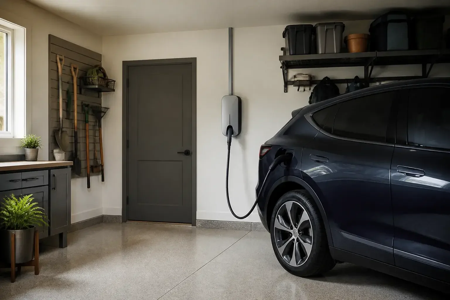 Completed EV charger installation in a tidy residential garage.
