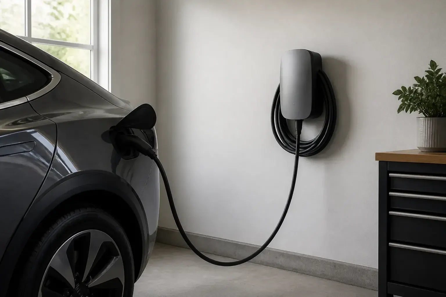 Finished EV charger mounted neatly in a garage.