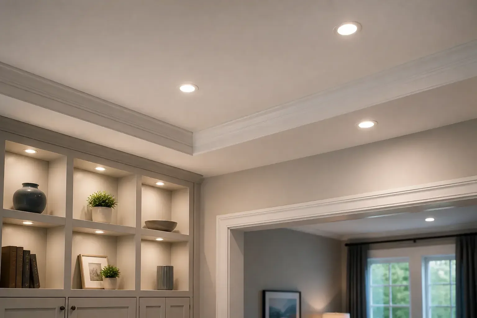 Finished recessed lighting in a residential interior.