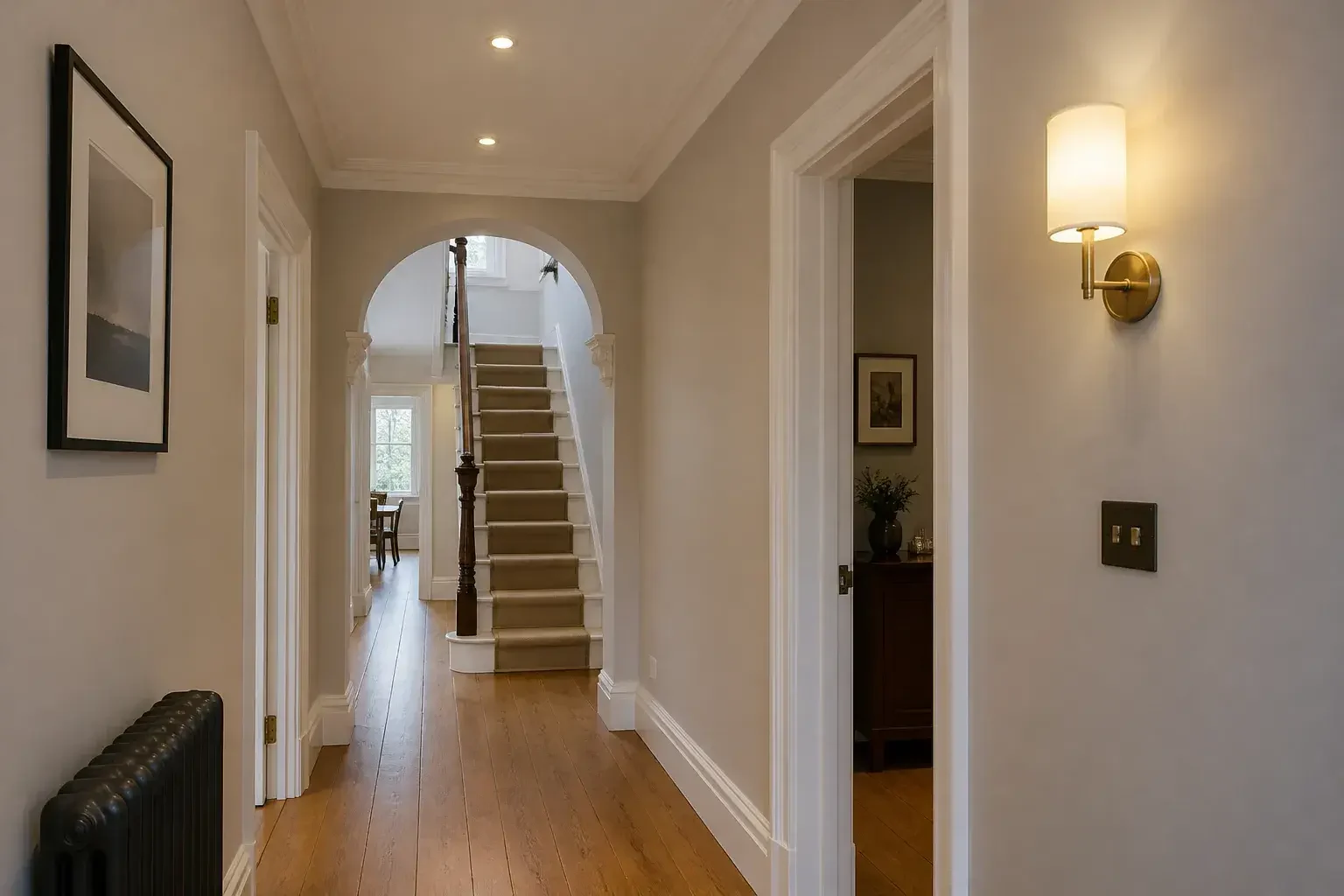Restored hallway after whole-home rewiring.