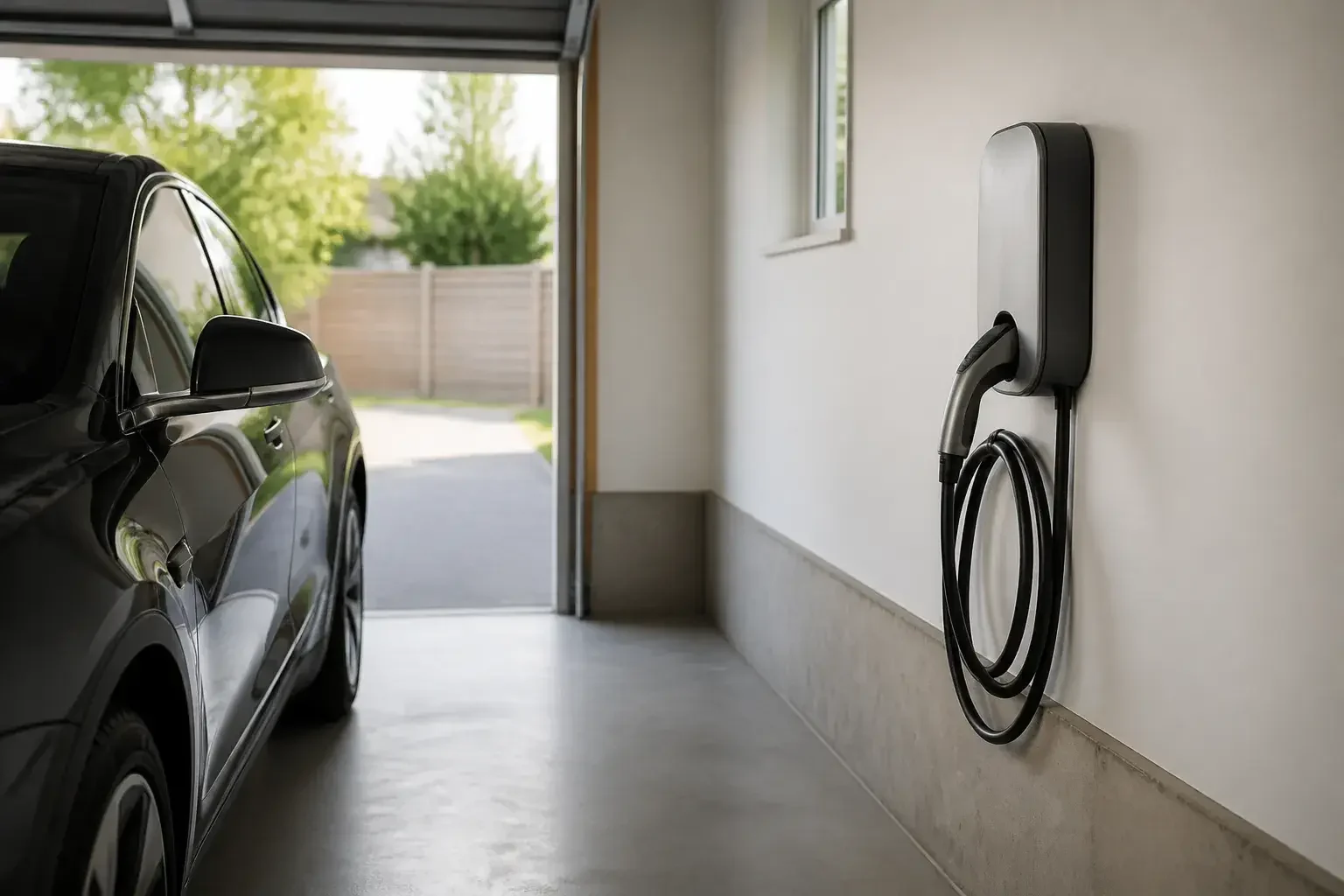 Finished EV charger installed in a residential garage.