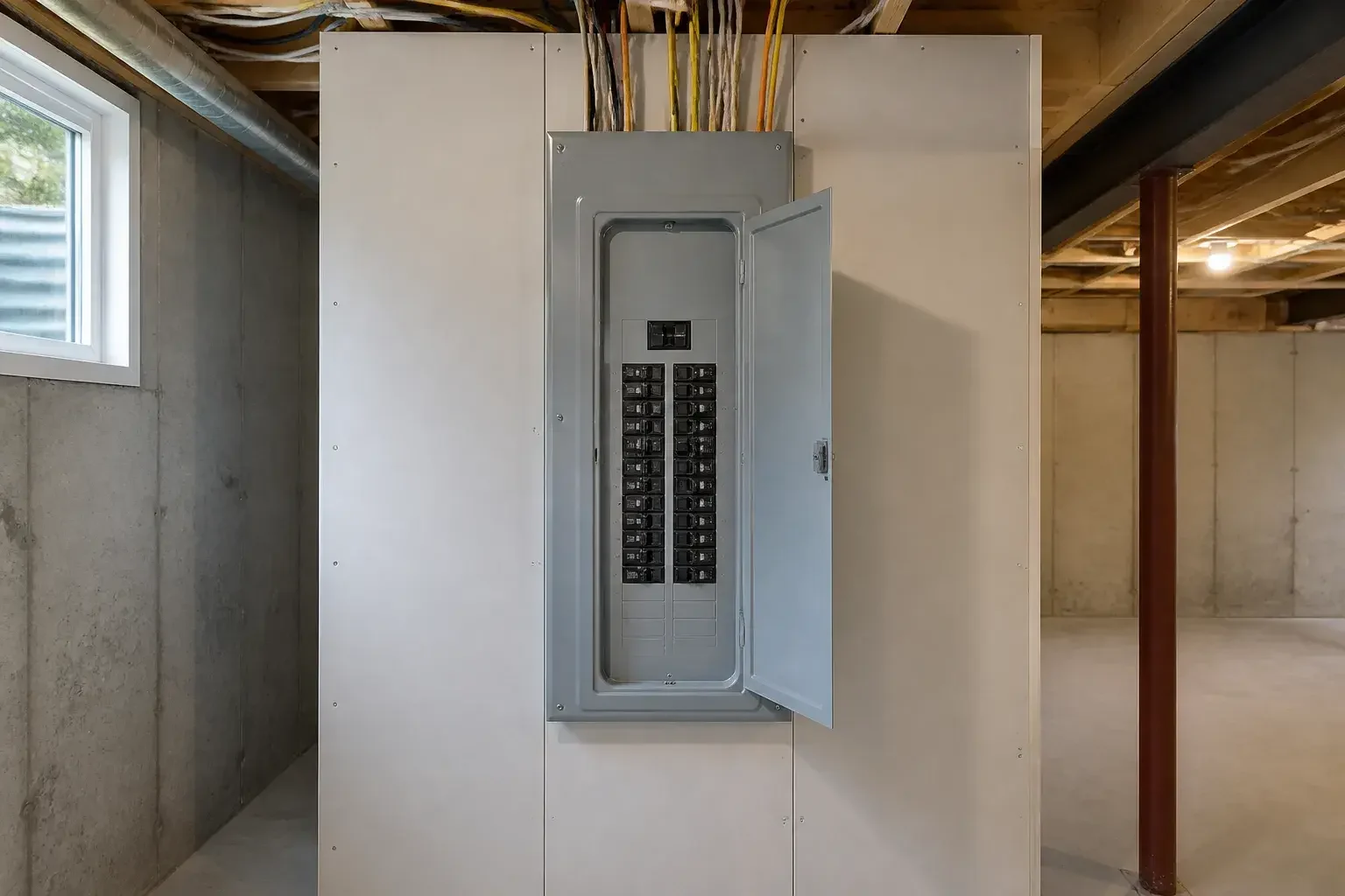 Completed electrical panel upgrade in a basement utility space.