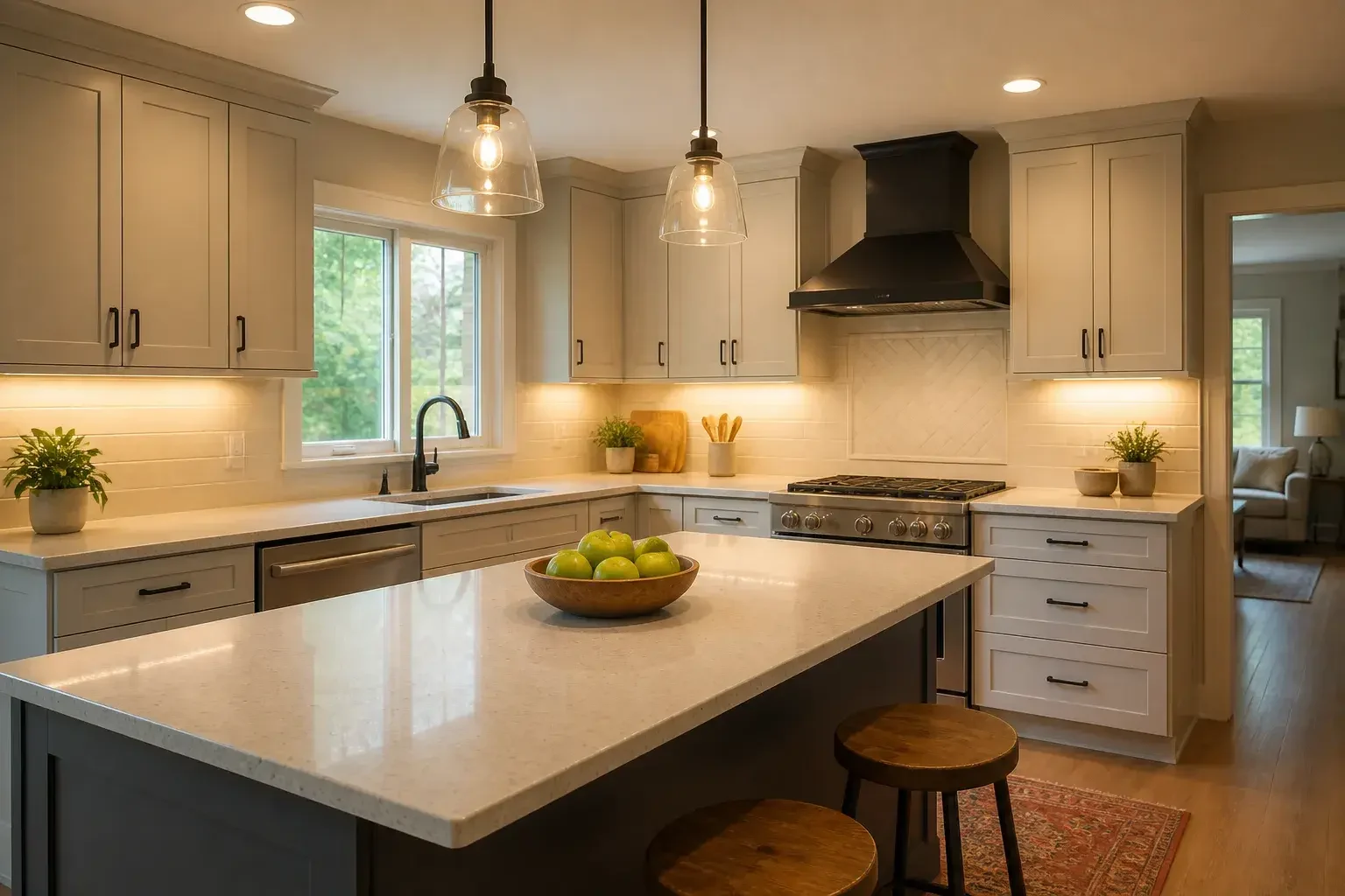 Completed lighting upgrade in a bright kitchen.